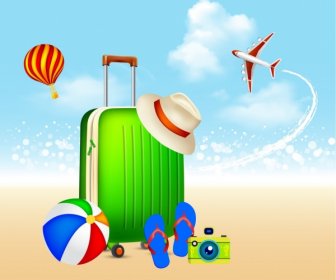 Summer Vacation Background Plane Balloons Baggage Icons