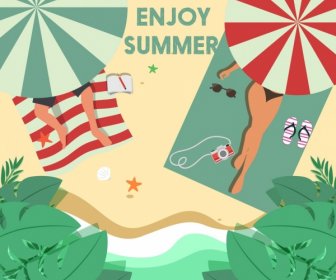 Summer Vacation Background Relaxed People Seaside Icons