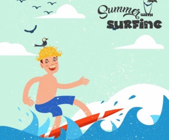 Le Vacanze Estive Banner Ragazzo Surf Icone Colorate Di Cartone