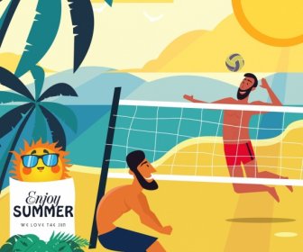 Summer Vacation Banner Men Playing Volleyball Colored Cartoon