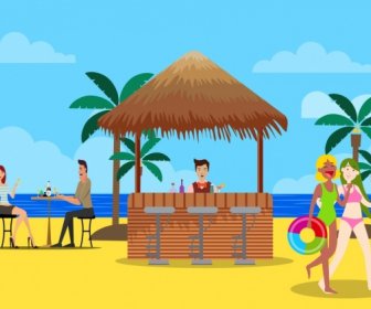 Sommerurlaub Strand-Symbol-Comic-Figuren Zeichnen