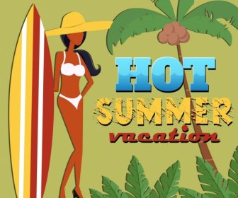 Vacaciones De Verano Poster Bikini Mujer Caqui Surfboard Iconos