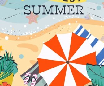 Summer Vacation Poster Seaside Umbrella Icons Colored Cartoon
