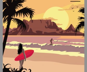 Cartel De Vacaciones De Verano Puesta De Sol Escena Del Mar Boceto
