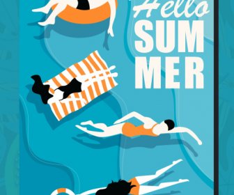 Summer Vacation Poster Swimmers Sketch Flat Classic Design