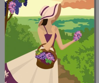 Poster Liburan Musim Panas Wanita Muda Anggur Sketsa Halaman