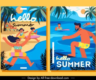 Carteles De Vacaciones De Verano Actividades De Playa Bosquejo Plano Colorido