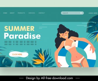 Summer Vacation Webpage Template Bikini Girl Flowers Sketch