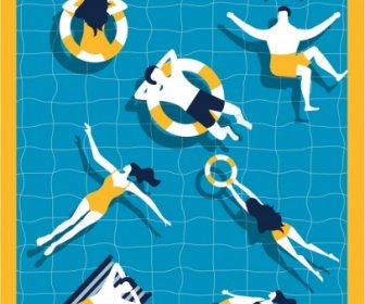 Summertime Backdrop Relaxed People Swimming Pool Icons