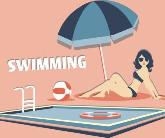 Summertime Background Bikini Woman Swimming Pool Cartoon Design