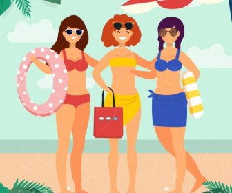 Summertime Background Bikini Women Icons Colored Cartoon