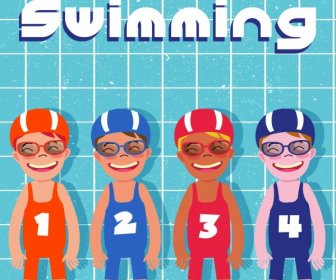 الصيف الخلفية سعيد الأطفال في ملابس السباحة الأيقونات