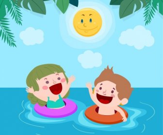 Summertime Background Joyful Kids Beach Stylized Sun Icons