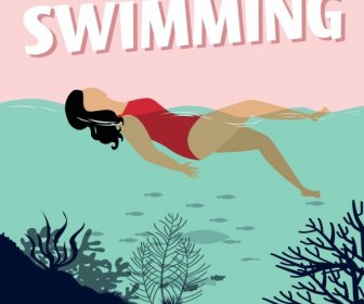 Summertime Background Swimming Woman Beach Icons Colored Cartoon