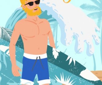 Summertime Banner Man Surfboard Icon Colored Cartoon