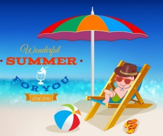 Sommer-Banner Entspannt Junge Strand Sonnenschirm Symbole