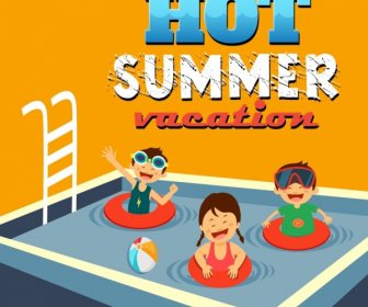 Summertime Banner Swimming Pool Joyful Kids Icons