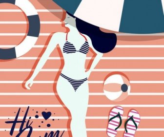 Summertime Poster Bikini Woman Umbrella Icons Flat Decor