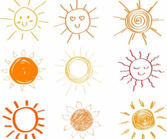 Sun Icons Collection Colored Handdrawn Style
