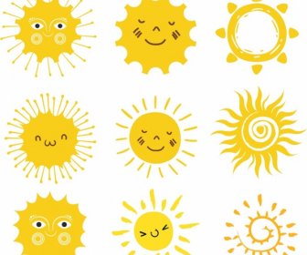 Sun Icons Collection Yellow Circle Decor Stylized Design