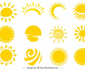Sun Icons Collection Amarillo Plano Formas Dibujadas A Mano Boceto