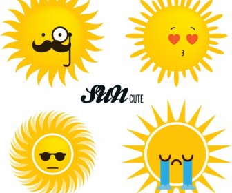 Sun Icons Sets Cute Cartoon Style Various Emotion