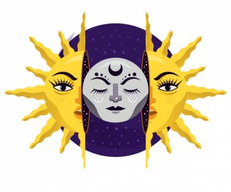 Sonne Mond Ikone Stilisierte Design Emotionale Gesichter Dekor