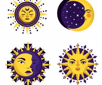 Sonne Mond Symbole Stilisierte Gesichtsskizze