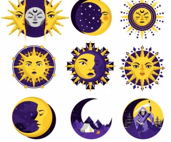 ícones Da Lua Do Sol Estilizados Esboço Lendário