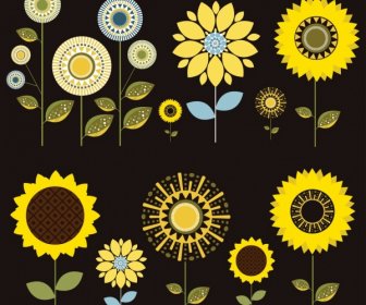 Sunflower Design Elements Dark Colored Flat Design