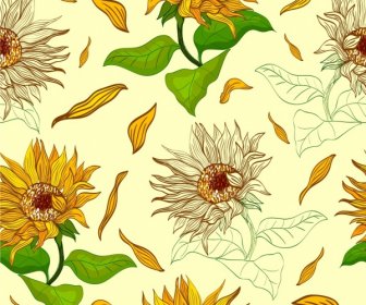 Bunga Matahari Latar Belakang Berulang Ikon Beraneka Warna Sketsa