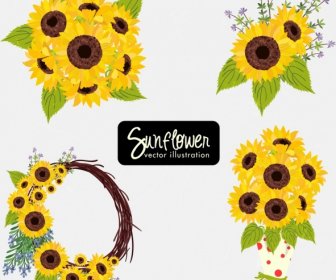 Sunflowers Decorative Icons Multicolored Design