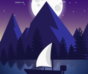 Sunset Drawing Moonlight Sail Lake Icons Violet Design