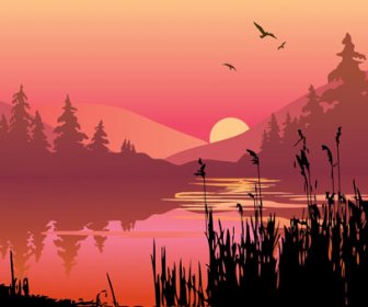 Sunset Landscapes Beautiful Vector Background