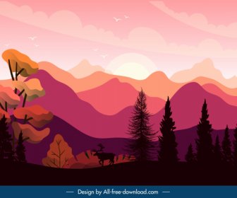 sunset scenery painting wild mountain sketch dark classic