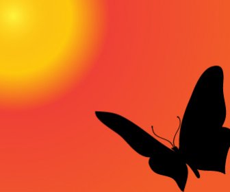 Pemandangan Matahari Terbenam Dengan Kupu-kupu Vektor Silhouette