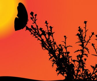 Pemandangan Matahari Terbenam Dengan Kupu-kupu Vektor Silhouette