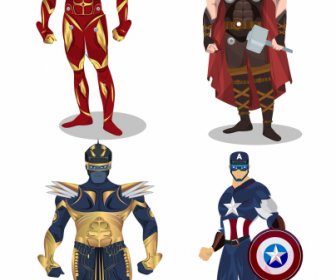 ícones De Super-heróis Coloridos Desenhos Animados Esboço Personagens