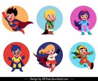 Super Kids Icons Cute Cartoon Characters Sketch