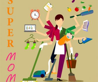 Super Mom Concept Illustration With Woman And Works