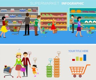 supermarket Infografis desain pelanggan dan gaya tampilan makanan