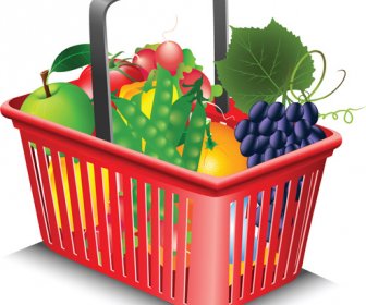 Supermärkte, Einkaufskorb Mit Lebensmitteln Vektor