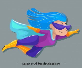 超女圖示可愛的卡通人物飛行素描