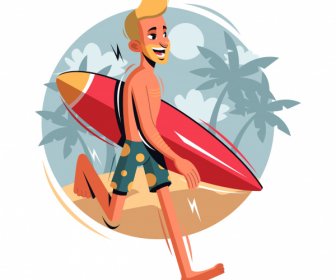 Surfer Icon Colored Cartoon Character Sketch