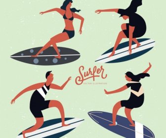 Surfer Ikon Koleksi Berwarna Kartun Desain