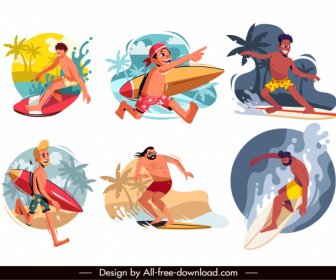 Surfer Icons Collection Colored Cartoon Dynamic Sketch