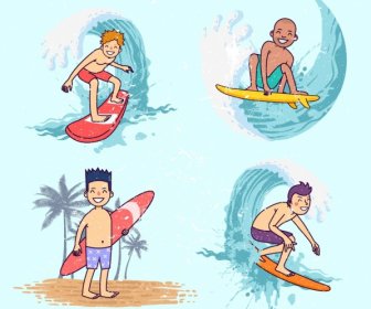 Personagens Dos Desenhos Animados ícones Coleção Bonito Surfistas