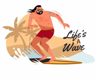 Surfing Activity Banner Dynamic Cartoon Sketch