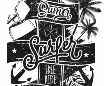 Surfing Advertisement Surboard Coconut Text Retro Grunge Design