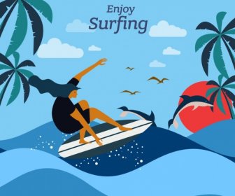 Surfing Advertising Banner Surfer Sea Waves Cartoon Design